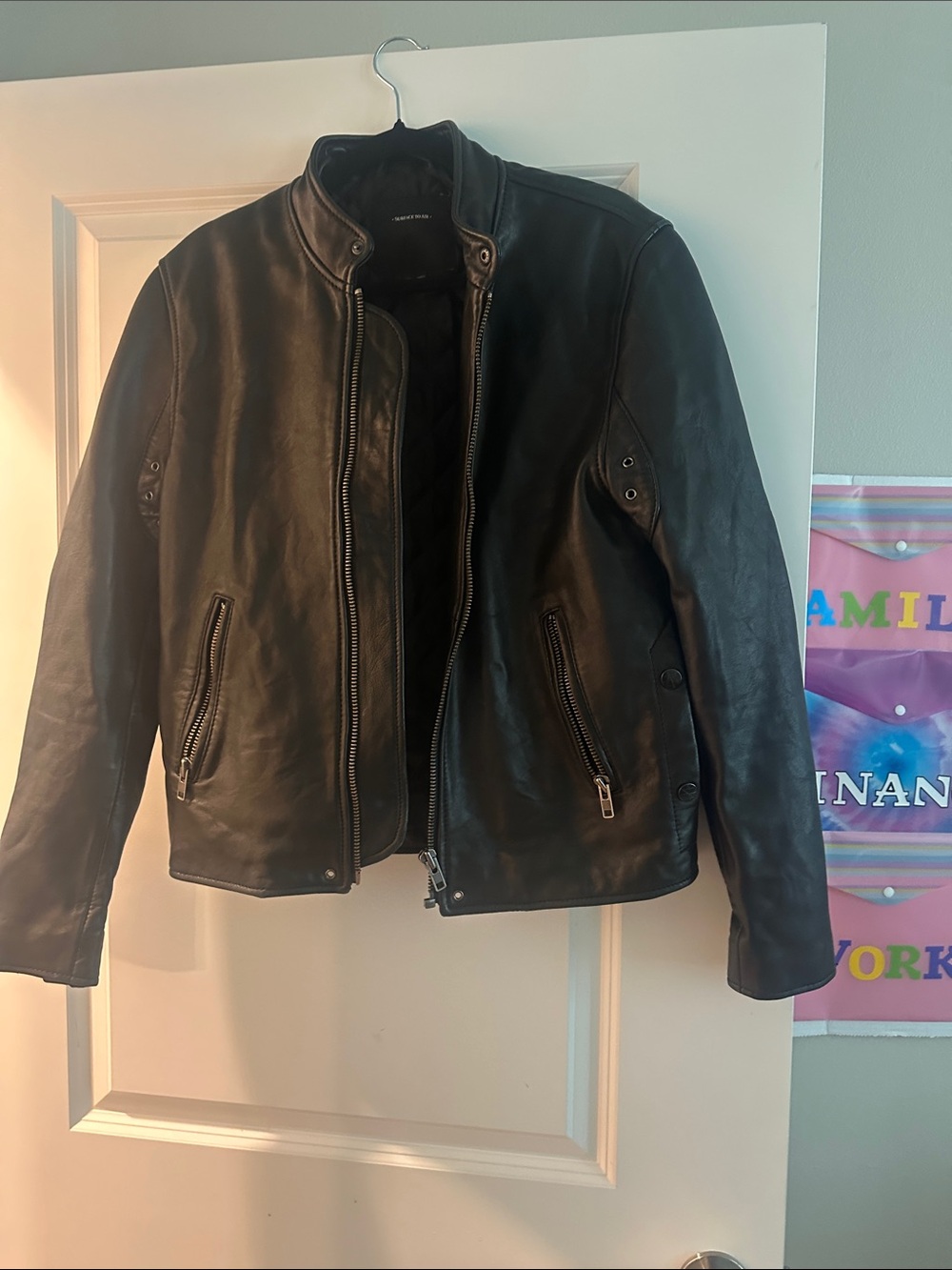 Surface to Air Black Leather Bomber Jacket